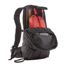 Front view of a black Patagonia SnowDrifter Pack 20L featuring weather-resistant recycled nylon ripstop fabric, diagonal ski and vertical snowboard carry loops, a front avalanche safety gear pocket, fleece-lined top goggle pocket, and shoulder harness accessory pockets.