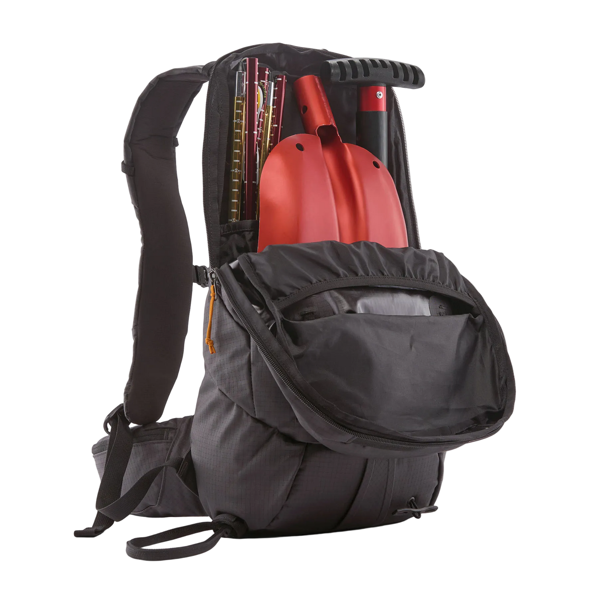 Front view of a black Patagonia SnowDrifter Pack 20L featuring weather-resistant recycled nylon ripstop fabric, diagonal ski and vertical snowboard carry loops, a front avalanche safety gear pocket, fleece-lined top goggle pocket, and shoulder harness accessory pockets.
