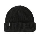 Front view of a black Patagonia SnowDrifter Beanie featuring a fine-gauge recycled polyester knit, low-profile helmet-compatible crown, and an interior microfleece headband lining.