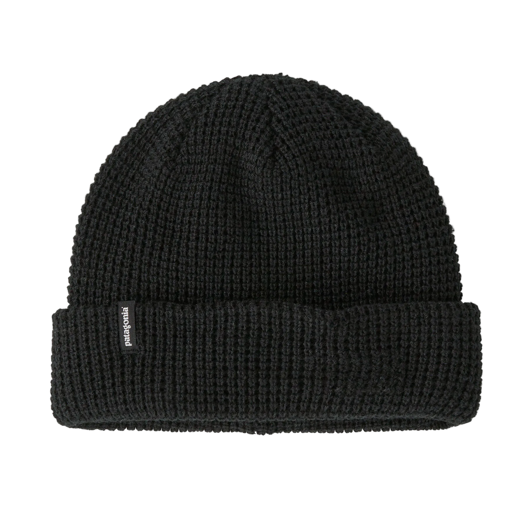 Front view of a black Patagonia SnowDrifter Beanie featuring a fine-gauge recycled polyester knit, low-profile helmet-compatible crown, and an interior microfleece headband lining.