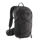 Front view of a black Patagonia Terravia Pack 22L featuring 100% recycled nylon ripstop fabric, breathable Regulator airmesh shoulder straps, a front quick-stash pocket, dual side stretch water-bottle pockets, and trekking pole attachment loops.