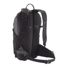 Rear view of a black Patagonia Terravia Pack 22L featuring 100% recycled nylon ripstop fabric, breathable Regulator airmesh shoulder straps, a front quick-stash pocket, dual side stretch water-bottle pockets, and trekking pole attachment loops.