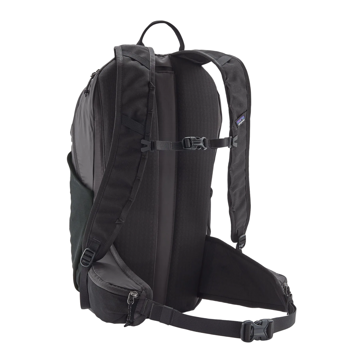 Rear view of a black Patagonia Terravia Pack 22L featuring 100% recycled nylon ripstop fabric, breathable Regulator airmesh shoulder straps, a front quick-stash pocket, dual side stretch water-bottle pockets, and trekking pole attachment loops.