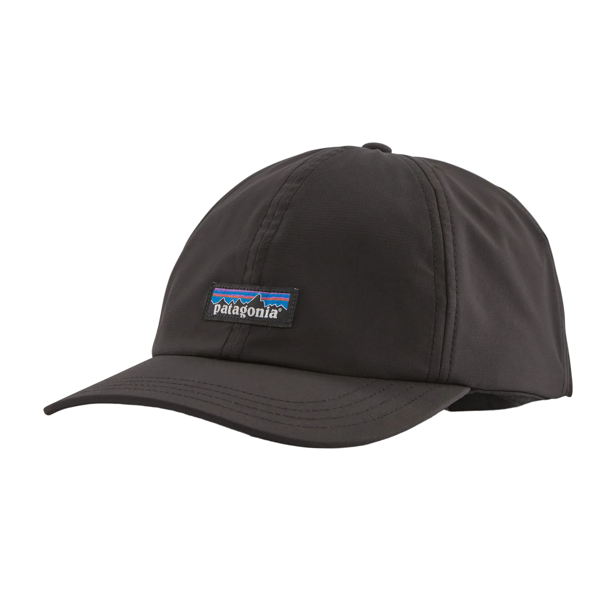 Front view of a black Patagonia Terrebonne Hat featuring lightweight 100% recycled polyester ripstop fabric, an unstructured mid-crown six-panel profile, NetPlus precurved brim, and an adjustable rear strap closure.