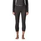 Front view of the black Patagonia Women's Capilene Thermal Weight Boot Length Baselayer Bottoms featuring a 3/4 boot-length hem, Polartec Power Grid fabric with an open-grid brushed interior, a flat elastic waistband, a gusseted crotch, and flatlock seam construction.
