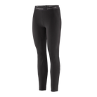 Front view of the black Patagonia Women's Capilene Thermal Weight Baselayer Bottoms featuring Polartec Power Grid fabric with an open-grid brushed interior, a flat elastic waistband, a gusseted crotch, and flatlock seam construction throughout the legs and cuffs.
