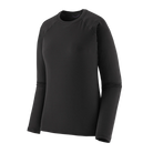 Front view of the black Patagonia Women's Capilene Thermal Weight Crew Baselayer featuring Polartec Power Grid fabric with an open-grid brushed interior, a self-fabric crewneck, offset shoulder seams, full underarm gussets, flatlock seam construction, elastic thumb loops, and a subtle drop-tail hem.