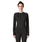 Front view of the black Patagonia Women's Capilene Thermal Weight Crew Baselayer featuring Polartec Power Grid fabric with an open-grid brushed interior, a self-fabric crewneck, offset shoulder seams, full underarm gussets, flatlock seam construction, elastic thumb loops, and a subtle drop-tail hem.
