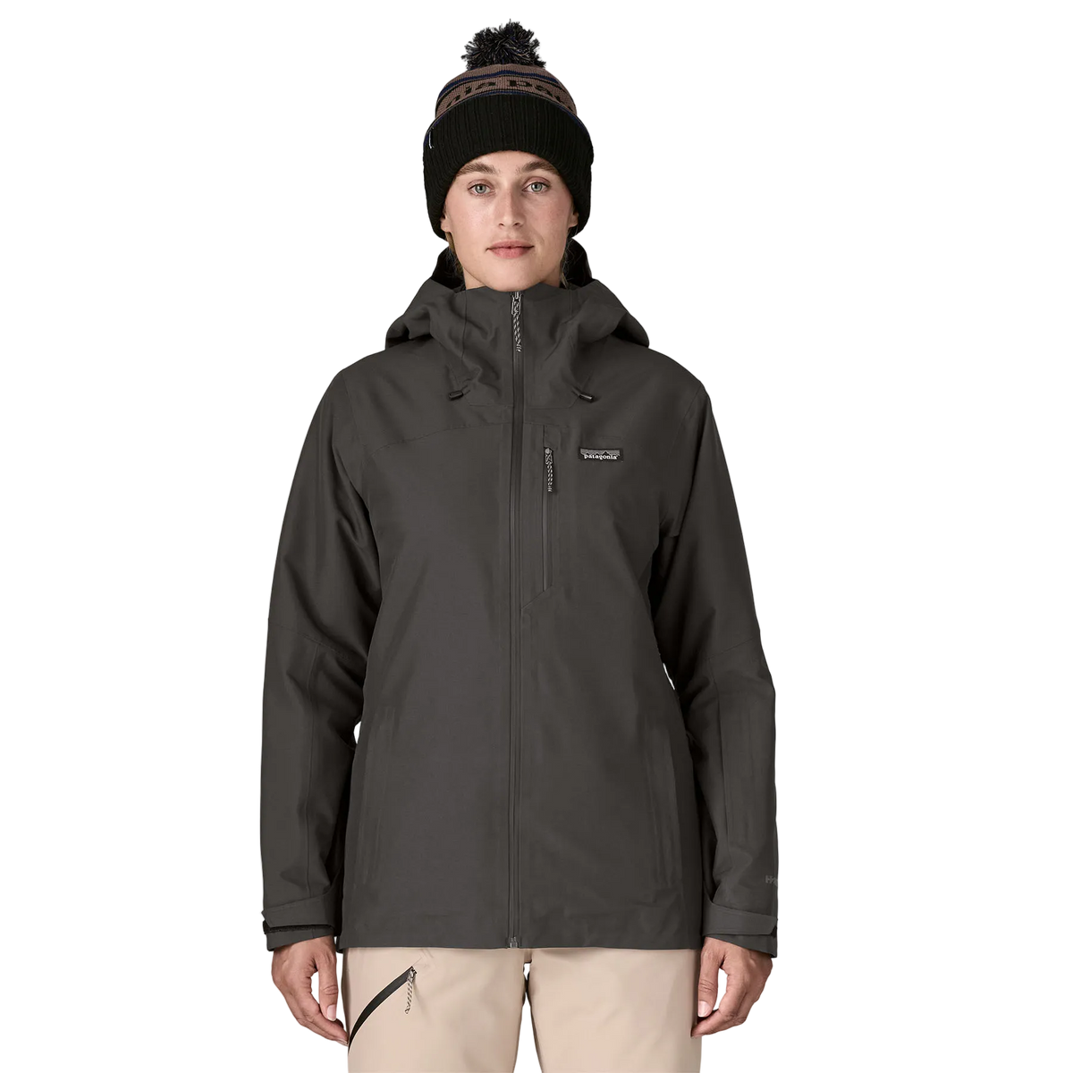 Front view of the Patagonia Women's Insulated Powder Town Jacket featuring a 2-layer H2No Performance Standard shell, 80g body and 40g sleeve Thermogreen 100% recycled polyester insulation, a two-way adjustable helmet-compatible hood, a covered full-length center-front zipper with storm flap, mesh-lined underarm pit zips, dual zippered handwarmer pockets, a zippered chest pocket, an forearm pass pocket, an internal powder skirt, and an embedded RECCO reflector.
