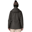Rear view of the Patagonia Women's Insulated Powder Town Jacket featuring a 2-layer H2No Performance Standard shell, 80g body and 40g sleeve Thermogreen 100% recycled polyester insulation, a two-way adjustable helmet-compatible hood, a covered full-length center-front zipper with storm flap, mesh-lined underarm pit zips, dual zippered handwarmer pockets, a zippered chest pocket, an forearm pass pocket, an internal powder skirt, and an embedded RECCO reflector.