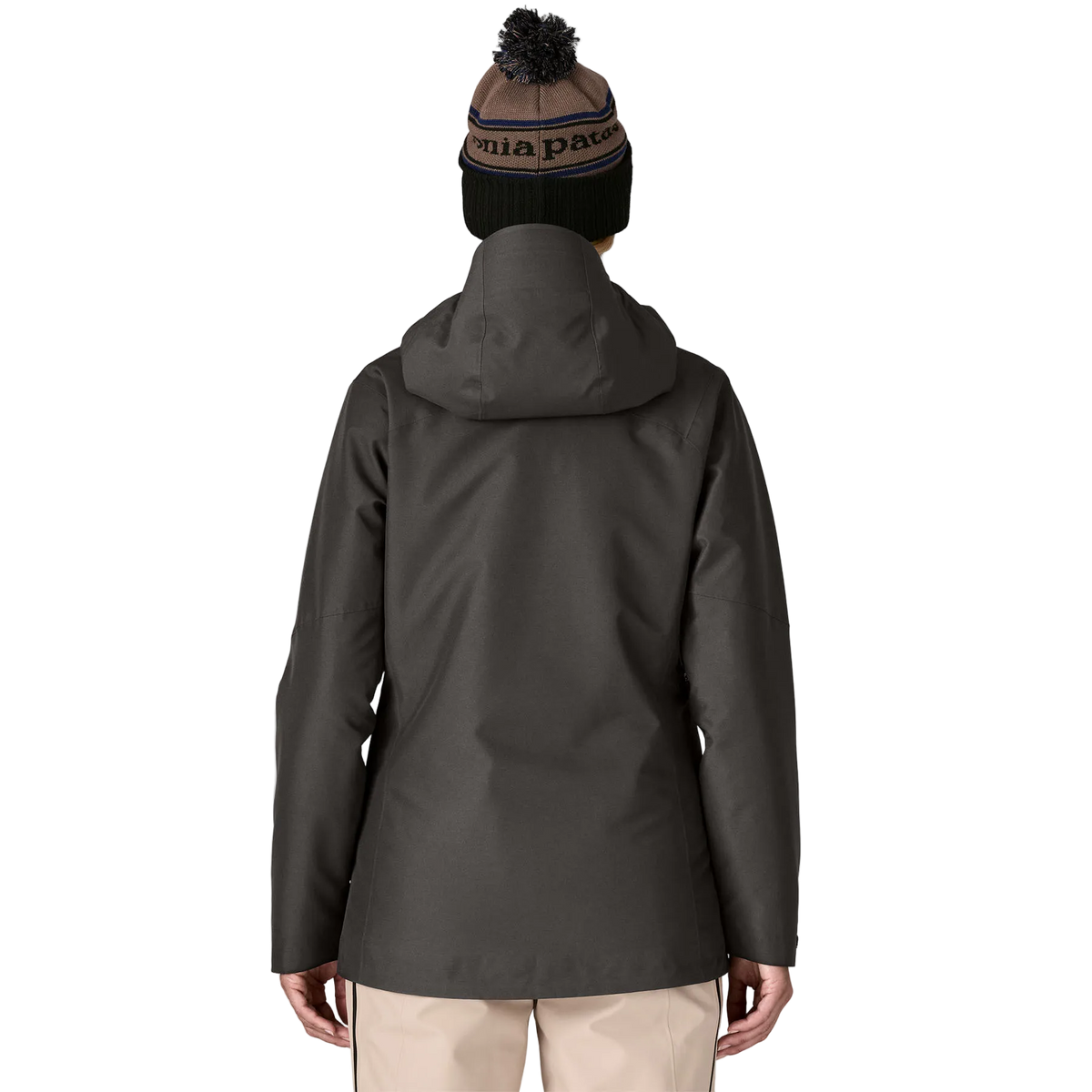 Rear view of the Patagonia Women's Insulated Powder Town Jacket featuring a 2-layer H2No Performance Standard shell, 80g body and 40g sleeve Thermogreen 100% recycled polyester insulation, a two-way adjustable helmet-compatible hood, a covered full-length center-front zipper with storm flap, mesh-lined underarm pit zips, dual zippered handwarmer pockets, a zippered chest pocket, an forearm pass pocket, an internal powder skirt, and an embedded RECCO reflector.