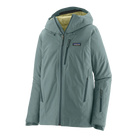 Front view of the Patagonia Women's Insulated Storm Shift Jacket featuring a 2-layer GORE-TEX shell, 60g Thermogreen 100% recycled polyester insulation, a two-way adjustable helmet-compatible hood with laminated visor, a watertight center-front zipper, underarm pit zips for ventilation, dual zippered handwarmer pockets, a zippered forearm pass pocket, an integrated powder skirt, and an embedded RECCO reflector.