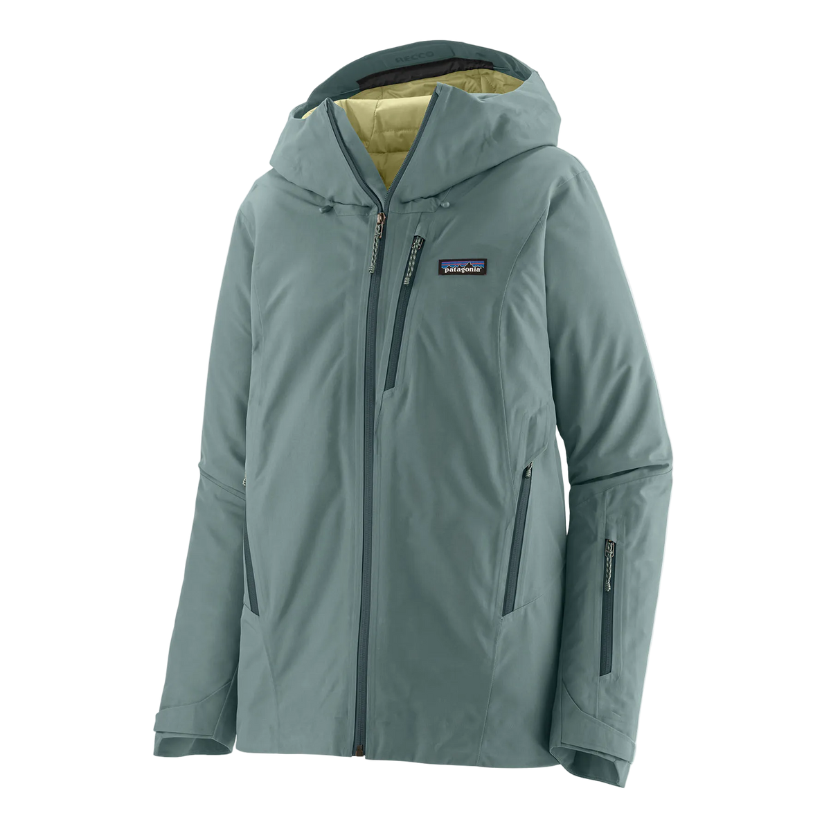 Front view of the Patagonia Women's Insulated Storm Shift Jacket featuring a 2-layer GORE-TEX shell, 60g Thermogreen 100% recycled polyester insulation, a two-way adjustable helmet-compatible hood with laminated visor, a watertight center-front zipper, underarm pit zips for ventilation, dual zippered handwarmer pockets, a zippered forearm pass pocket, an integrated powder skirt, and an embedded RECCO reflector.