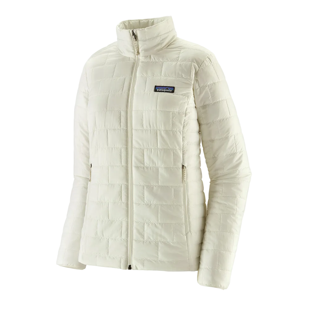 A women's Patagonia Nano Puff Jacket in Birch White that features a quilted insulated design for extra warmth.