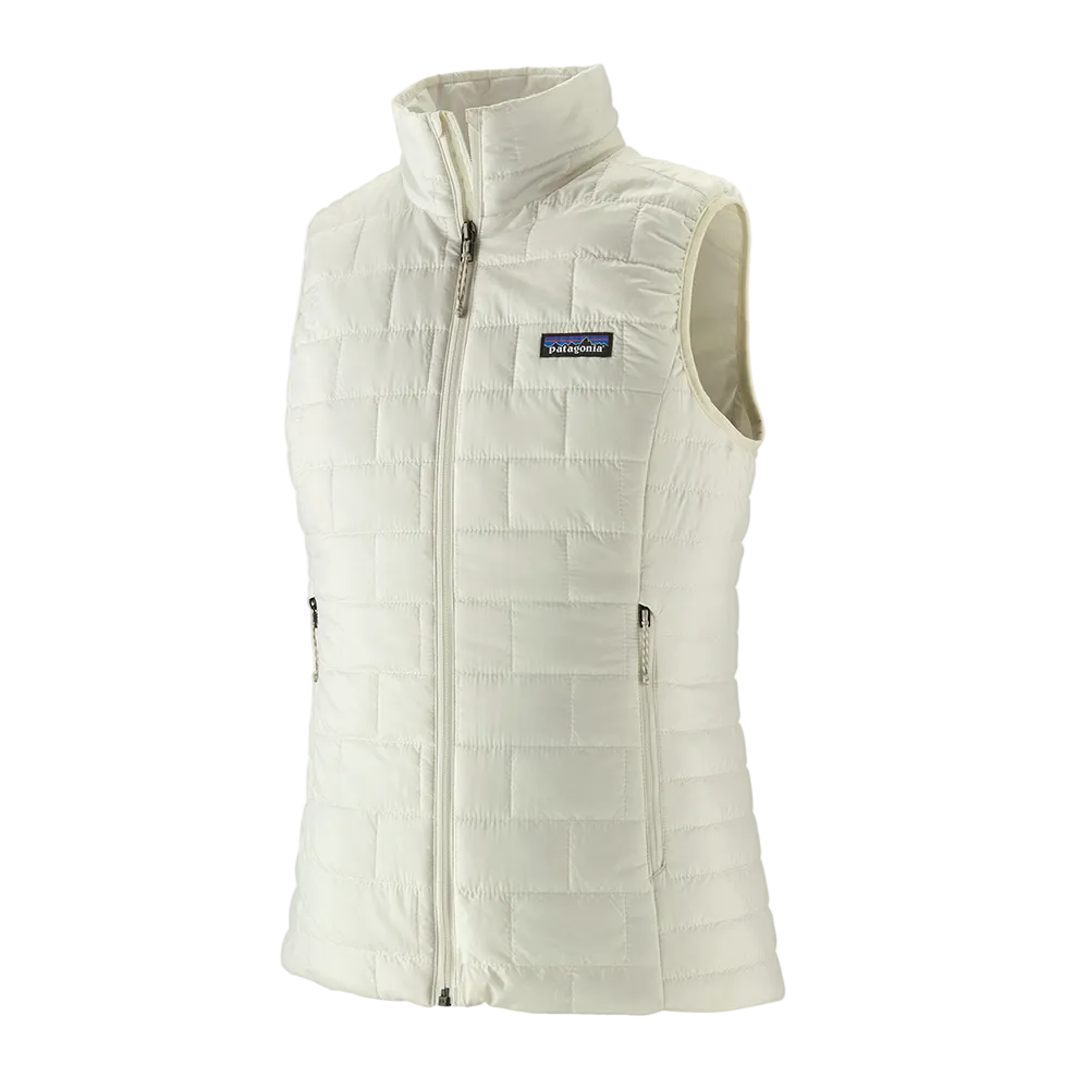 A women's Patagonia Nano Puff Vest in Birch White that is made from recycled polyester and features a quilted insulated design for added warmth.