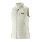 A women's Patagonia Nano Puff Vest in Birch White that is made from recycled polyester and features a quilted insulated design for added warmth.