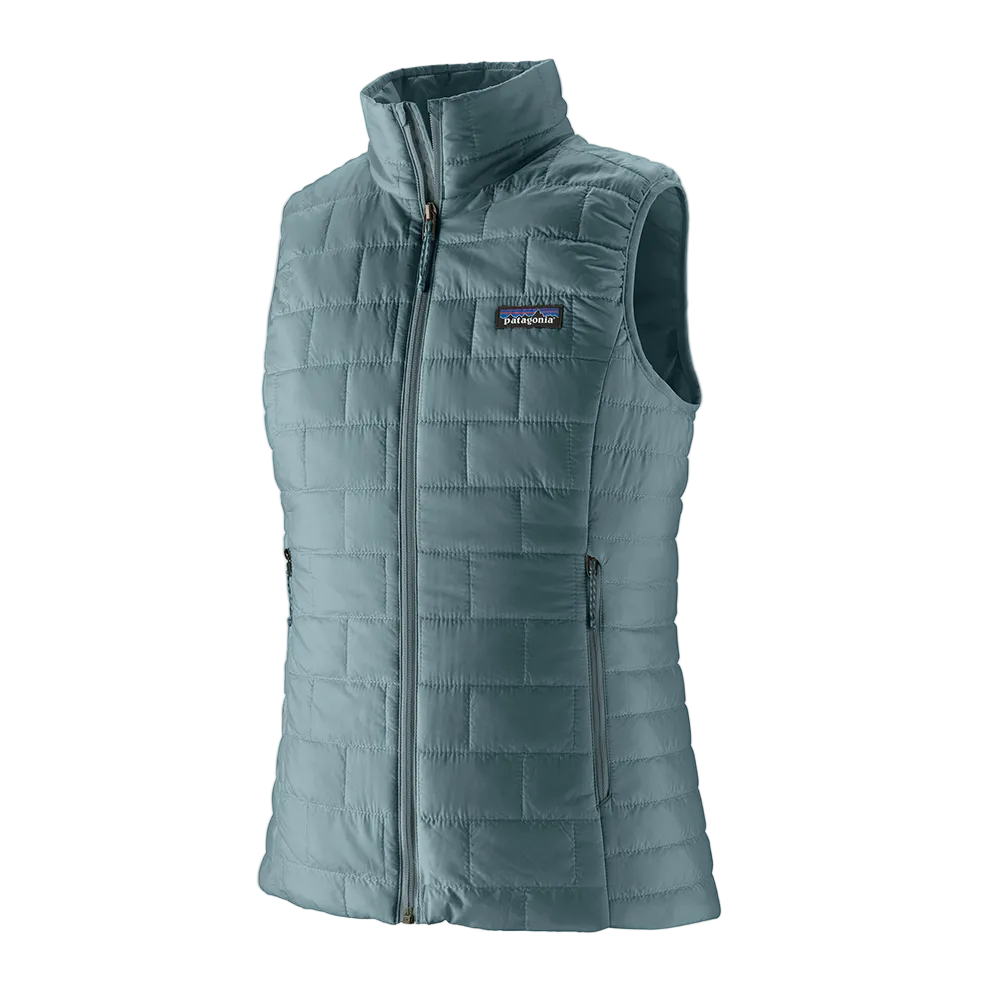 A women's Patagonia Nano Puff Vest in Blue Sage that is made from recycled polyester and features a quilted insulated design for added warmth.