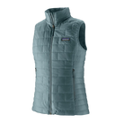 A women's Patagonia Nano Puff Vest in Blue Sage that is made from recycled polyester and features a quilted insulated design for added warmth.