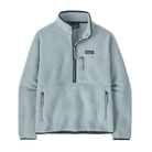 A virtually blue Patagonia Women's Retro Pile Marsupial featuring a 100% recycled polyester double-sided shearling fleece construction, a high-pile exterior texture, a deep three-quarter center-front zipper with elastane binding, a stand-up collar, offset shoulder seams, flat-seam construction, and a mesh-lined marsupial kangaroo handwarmer pocket with dual side zipper closures.