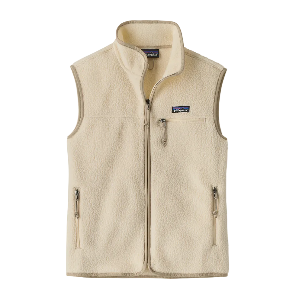 Front view of the Patagonia Women's Retro Pile Vest featuring a 100% recycled polyester double-sided shearling fleece construction, high-pile exterior texture, warp-knit mesh lining, full-length center-front zipper, tall stand-up collar, offset shoulder seams, flat-seam construction, elastane binding trim along the armholes and hem, a zippered left-chest pocket, and dual zippered handwarmer pockets.