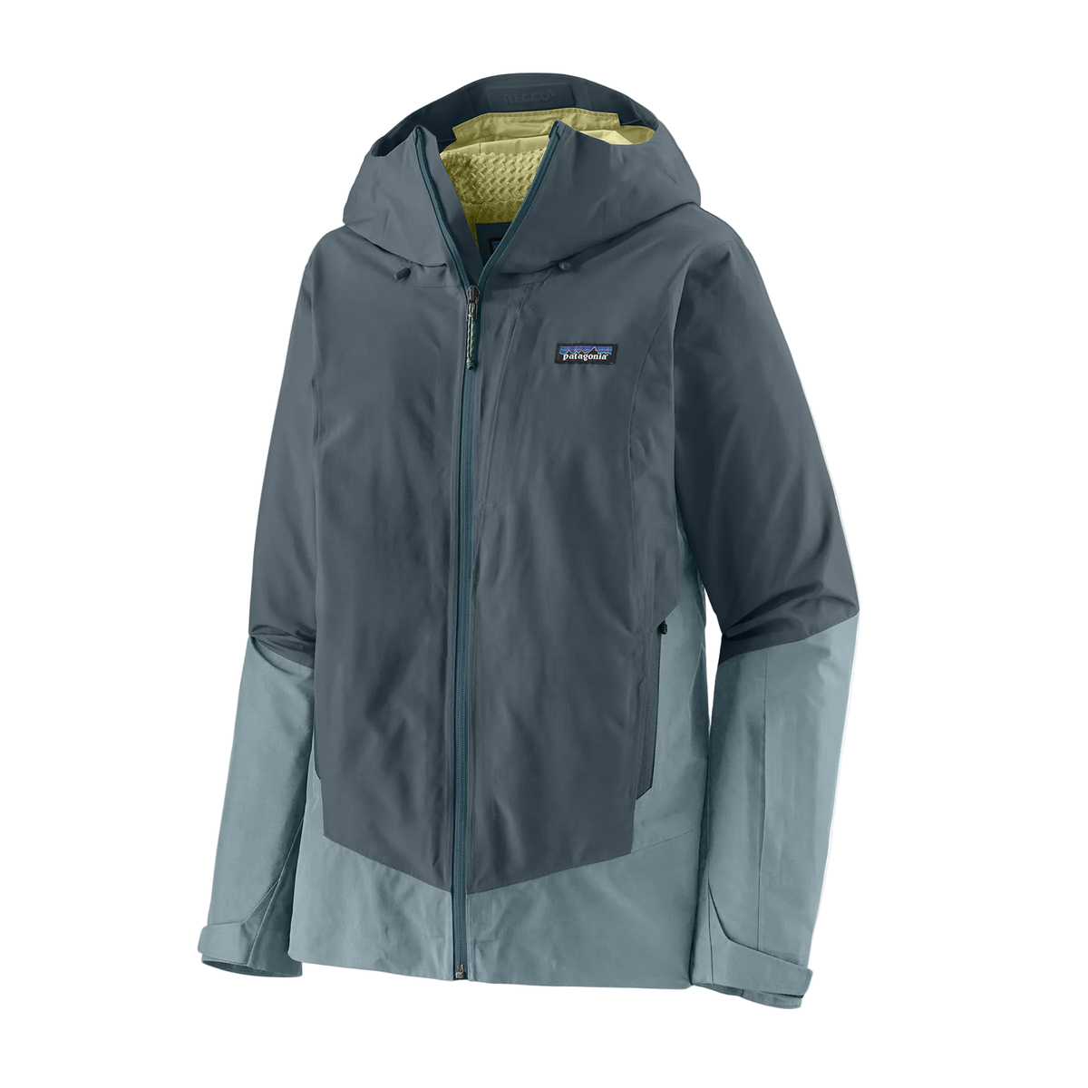 Front view of the Patagonia Women's Storm Shift Jacket featuring a 2-layer GORE-TEX fabric with 100% recycled polyester shell, a body-mapped zig-zag fleece lining, an adjustable two-way helmet-compatible hood with visor, a watertight center-front zipper, underarm pit zips for ventilation, dual zippered handwarmer pockets, a zippered chest pocket, an integrated powder skirt, and a built-in RECCO reflector.