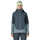Front view of the Patagonia Women's Storm Shift Jacket featuring a 2-layer GORE-TEX fabric with 100% recycled polyester shell, a body-mapped zig-zag fleece lining, an adjustable two-way helmet-compatible hood with visor, a watertight center-front zipper, underarm pit zips for ventilation, dual zippered handwarmer pockets, a zippered chest pocket, an integrated powder skirt, and a built-in RECCO reflector.