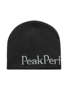 Front view of the Peak Performance Logo Hat featuring a soft double-layer knitted construction, fold-up cuff, stretch fit, and an embroidered front logo.