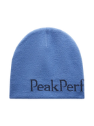 Front view of the Peak Performance Logo Hat featuring a soft double-layer knitted construction, fold-up cuff, stretch fit, and an embroidered front logo.