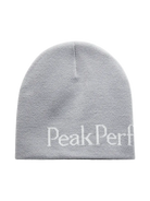 Front view of the Peak Performance Logo Hat featuring a soft double-layer knitted construction, fold-up cuff, stretch fit, and an embroidered front logo.