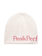 Front view of the Peak Performance Logo Hat featuring a soft double-layer knitted construction, fold-up cuff, stretch fit, and an embroidered front logo.