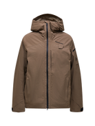 Front view of a tan Peak Performance Men's Alpine GORE-TEX 2L Insulated Shell Jacket featuring a 2-layer GORE-TEX waterproof membrane, YKK AquaGuard storm zippers, a radio pocket, and a helmet-compatible hood.
