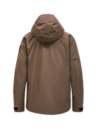Rear view of a tan Peak Performance Men's Alpine GORE-TEX 2L Insulated Shell Jacket featuring a 2-layer GORE-TEX waterproof membrane, YKK AquaGuard storm zippers, a radio pocket, and a helmet-compatible hood.