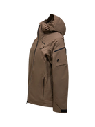 Side view of a tan Peak Performance Men's Alpine GORE-TEX 2L Insulated Shell Jacket featuring a 2-layer GORE-TEX waterproof membrane, YKK AquaGuard storm zippers, a radio pocket, and a helmet-compatible hood.