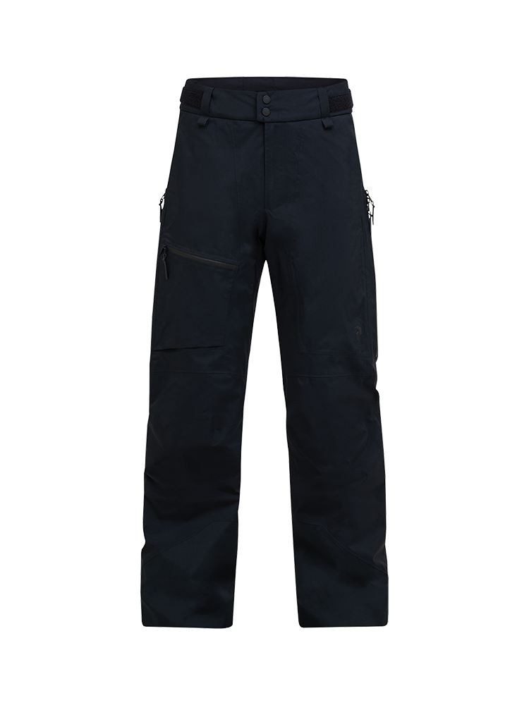 Front view of black Peak Performance Men's Alpine GORE-TEX 2L Insulated Shell Pants featuring a 2-layer GORE-TEX waterproof membrane, YKK AquaGuard zippered thigh vents, an adjustable waistband, and reinforced Cordura scuff guards.