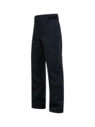 Side view of black Peak Performance Men's Alpine GORE-TEX 2L Insulated Shell Pants featuring a 2-layer GORE-TEX waterproof membrane, YKK AquaGuard zippered thigh vents, an adjustable waistband, and reinforced Cordura scuff guards.