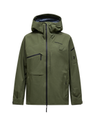 Front view of a pine needle green Peak Performance Men's Alpine GORE-TEX C-Knit 3L Shell Jacket featuring 3-layer GORE-TEX fabric with C-KNIT backer technology, YKK AquaGuard zippers, a 2-way adjustable helmet-compatible hood, and two-way underarm pit zips.