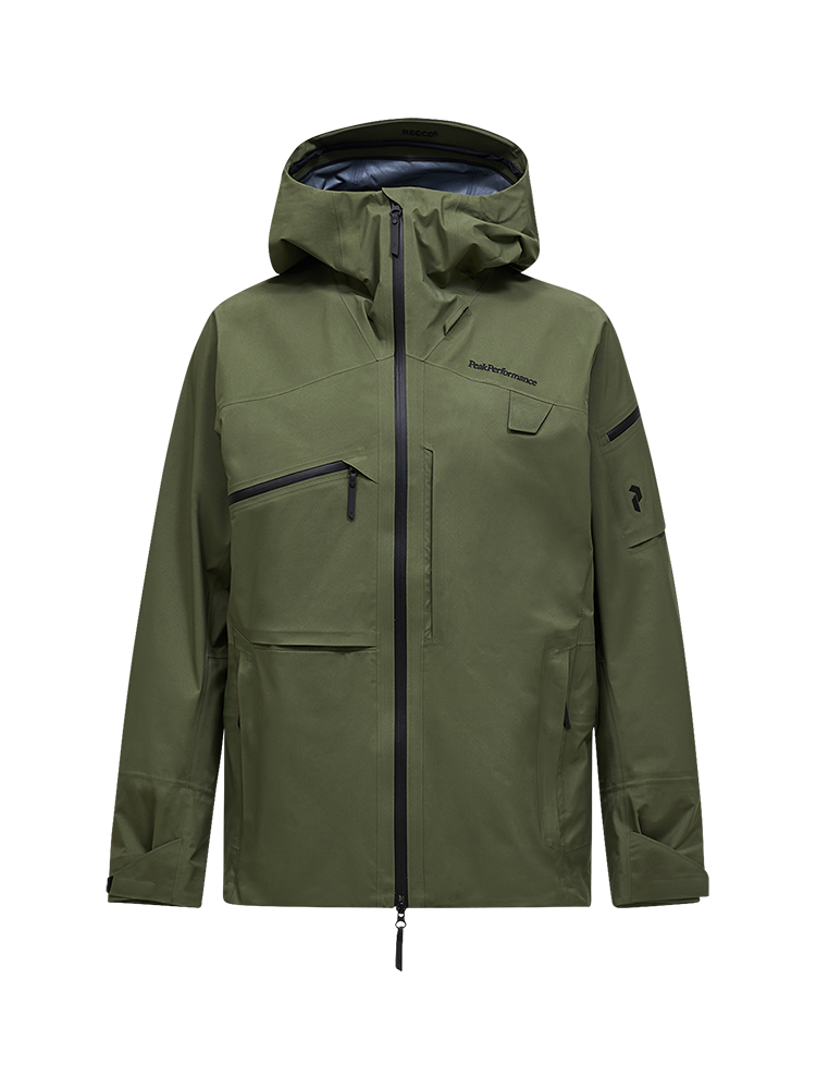 Front view of a pine needle green Peak Performance Men's Alpine GORE-TEX C-Knit 3L Shell Jacket featuring 3-layer GORE-TEX fabric with C-KNIT backer technology, YKK AquaGuard zippers, a 2-way adjustable helmet-compatible hood, and two-way underarm pit zips.