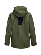 Rear view of a pine needle green Peak Performance Men's Alpine GORE-TEX C-Knit 3L Shell Jacket featuring 3-layer GORE-TEX fabric with C-KNIT backer technology, YKK AquaGuard zippers, a 2-way adjustable helmet-compatible hood, and two-way underarm pit zips.