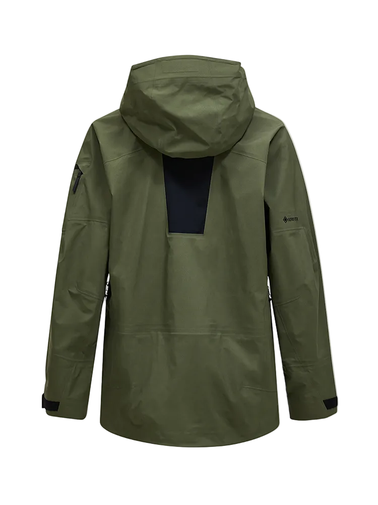 Rear view of a pine needle green Peak Performance Men's Alpine GORE-TEX C-Knit 3L Shell Jacket featuring 3-layer GORE-TEX fabric with C-KNIT backer technology, YKK AquaGuard zippers, a 2-way adjustable helmet-compatible hood, and two-way underarm pit zips.