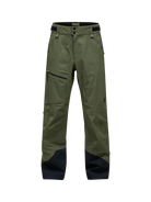Front view of the pine needle green Peak Performance Men's GORE-TEX C-Knit 3L Shell Pants featuring 3-layer GORE-TEX fabric with C-KNIT backer technology, YKK AquaGuard leg ventilation zips, an adjustable velcro waistband, and reinforced Cordura lower leg scuff guards.
