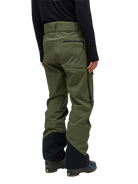 Rear view of the pine needle green Peak Performance Men's GORE-TEX C-Knit 3L Shell Pants featuring 3-layer GORE-TEX fabric with C-KNIT backer technology, YKK AquaGuard leg ventilation zips, an adjustable velcro waistband, and reinforced Cordura lower leg scuff guards.