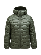 Front view of a pine needle green Peak Performance Men's Helium Down Hooded Jacket featuring ultra-lightweight windproof fabric, signature wave quilting, 700-fill-power down insulation, and an elasticated fixed hood.