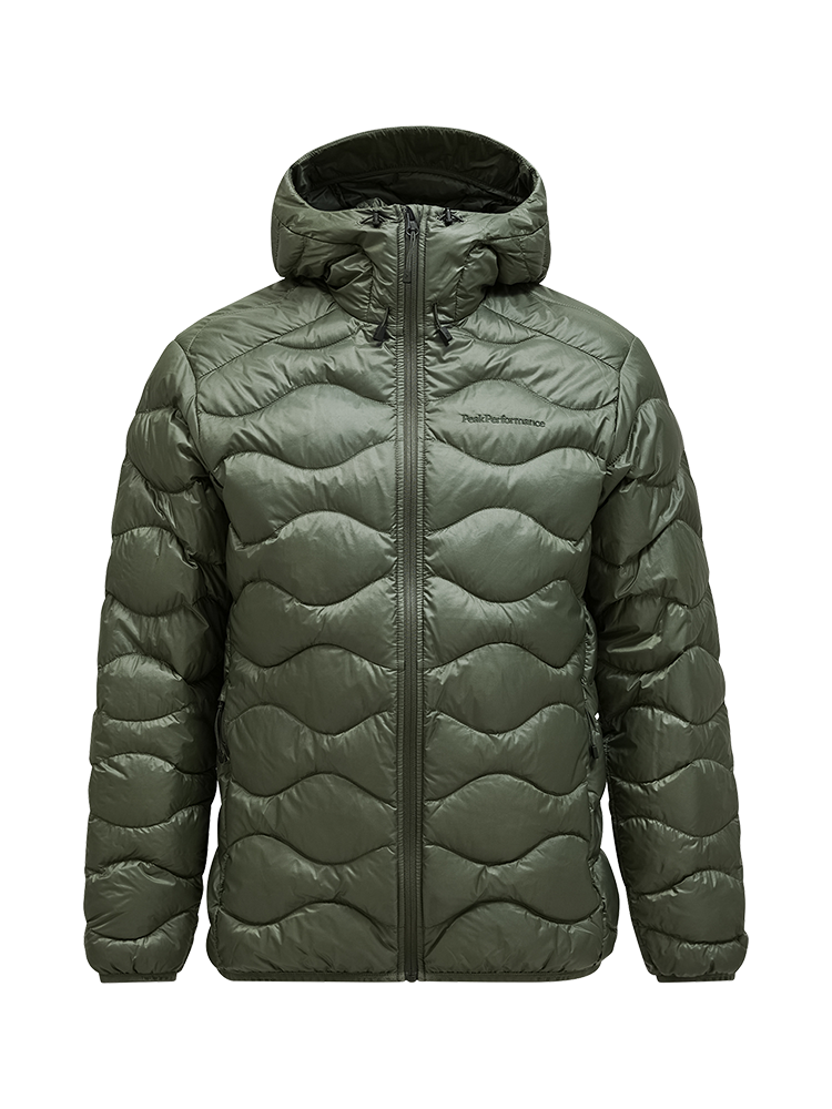 Front view of a pine needle green Peak Performance Men's Helium Down Hooded Jacket featuring ultra-lightweight windproof fabric, signature wave quilting, 700-fill-power down insulation, and an elasticated fixed hood.