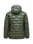 Rear view of a pine needle green Peak Performance Men's Helium Down Hooded Jacket featuring ultra-lightweight windproof fabric, signature wave quilting, 700-fill-power down insulation, and an elasticated fixed hood.