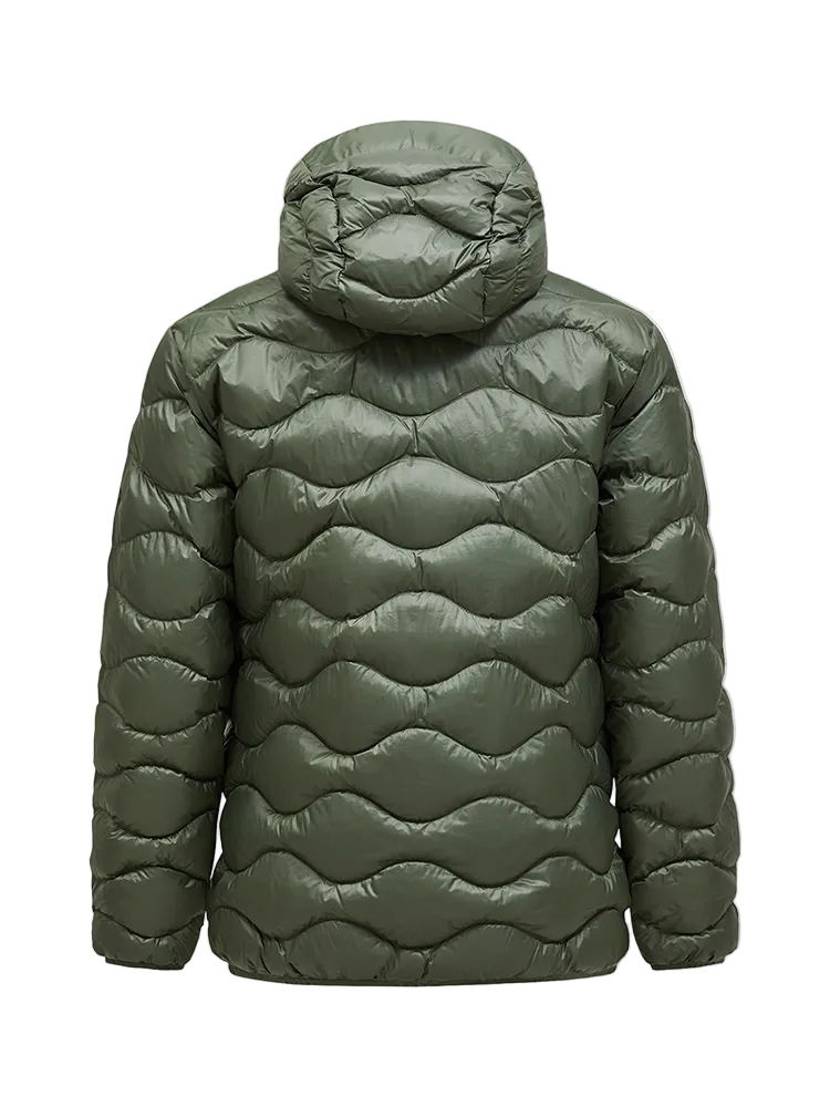 Rear view of a pine needle green Peak Performance Men's Helium Down Hooded Jacket featuring ultra-lightweight windproof fabric, signature wave quilting, 700-fill-power down insulation, and an elasticated fixed hood.