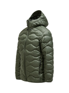 Side view of a pine needle green Peak Performance Men's Helium Down Hooded Jacket featuring ultra-lightweight windproof fabric, signature wave quilting, 700-fill-power down insulation, and an elasticated fixed hood.