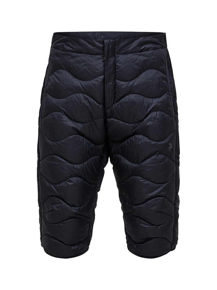 Front view of black Peak Performance Men's Helium Down Shorts featuring ultra-lightweight windproof fabric, signature wave quilting, 700-fill-power down insulation, and full-length side zips.
