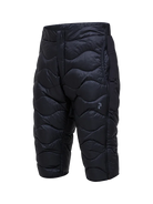 Side view of black Peak Performance Men's Helium Down Shorts featuring ultra-lightweight windproof fabric, signature wave quilting, 700-fill-power down insulation, and full-length side zips.