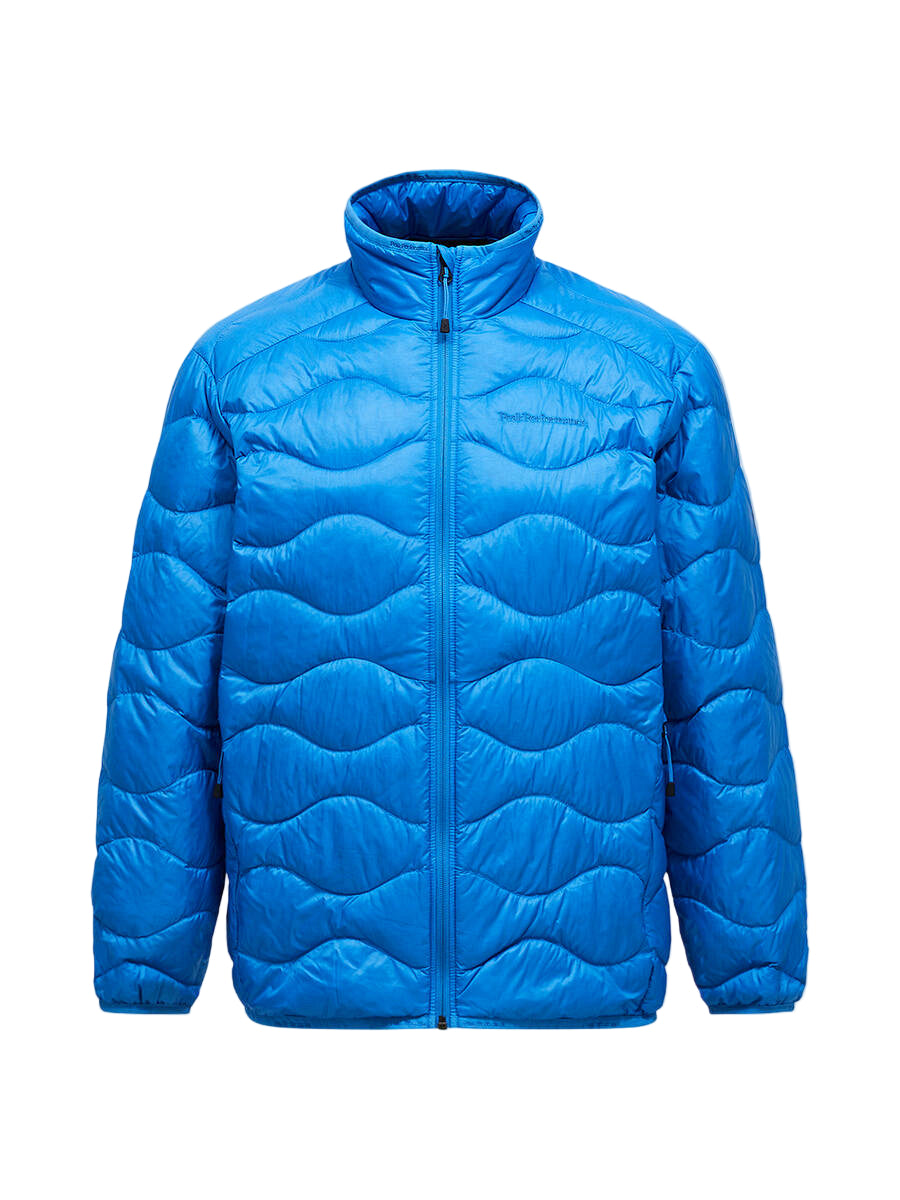 Peak Performance Men's Helium Jacket featuring lightweight synthetic insulation, wind-resistant fabric, zippered pockets, and an athletic fit for winter activities.
