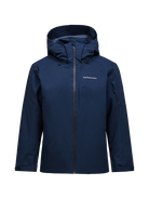 Front view of a blue shadow Peak Performance Men's Maroon HIPE 2L Insulated Shell Jacket featuring 2-layer HIPE stretch fabric, YKK AquaGuard zippers, a detachable helmet-compatible hood, and zippered underarm vents.
